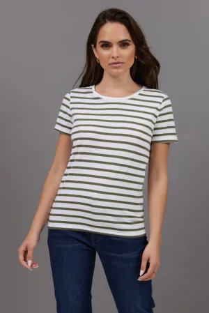 Majestic Short Sleeve Striped Crewneck Tee in Kaki Army