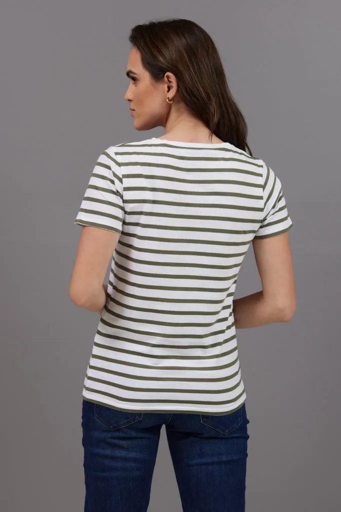 Majestic Short Sleeve Striped Crewneck Tee in Kaki Army