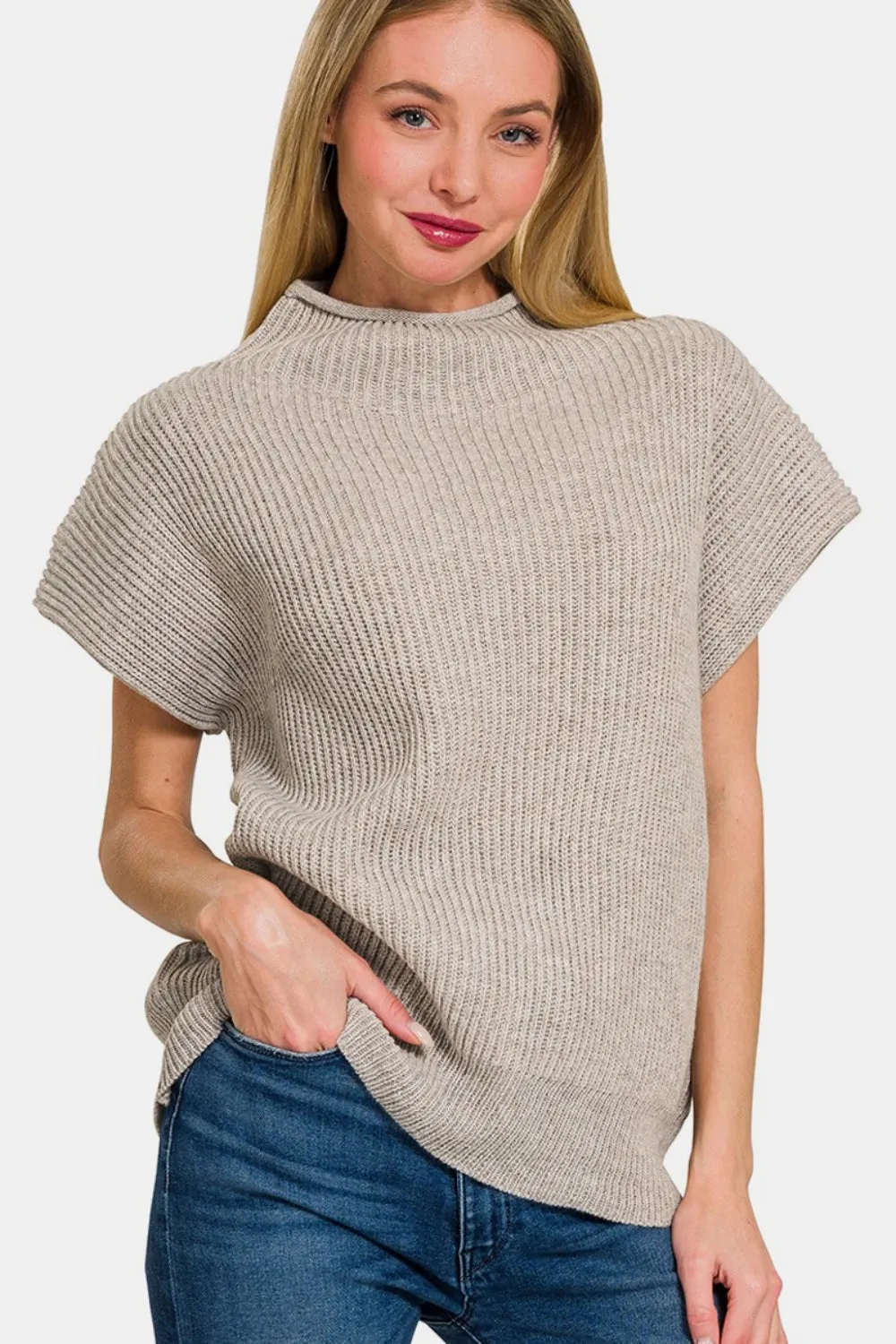 Marissa Mocha Short Sleeve Mock Neck Sweater