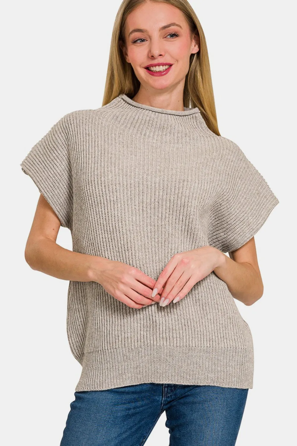 Marissa Mocha Short Sleeve Mock Neck Sweater