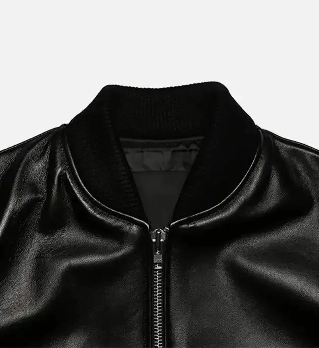 Men's Sheepskin Black Leather Bomber Jacket