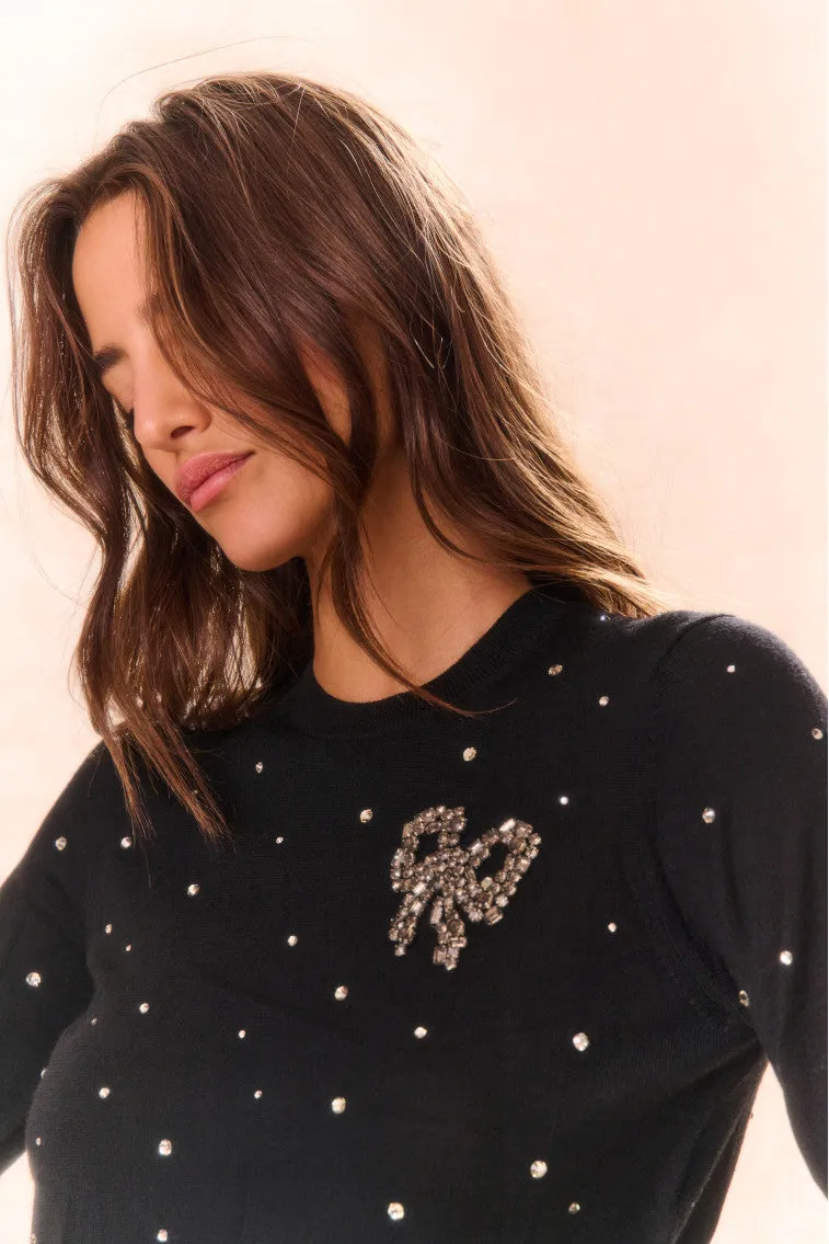 Pammie Embellished Wool Pullover - BLACK