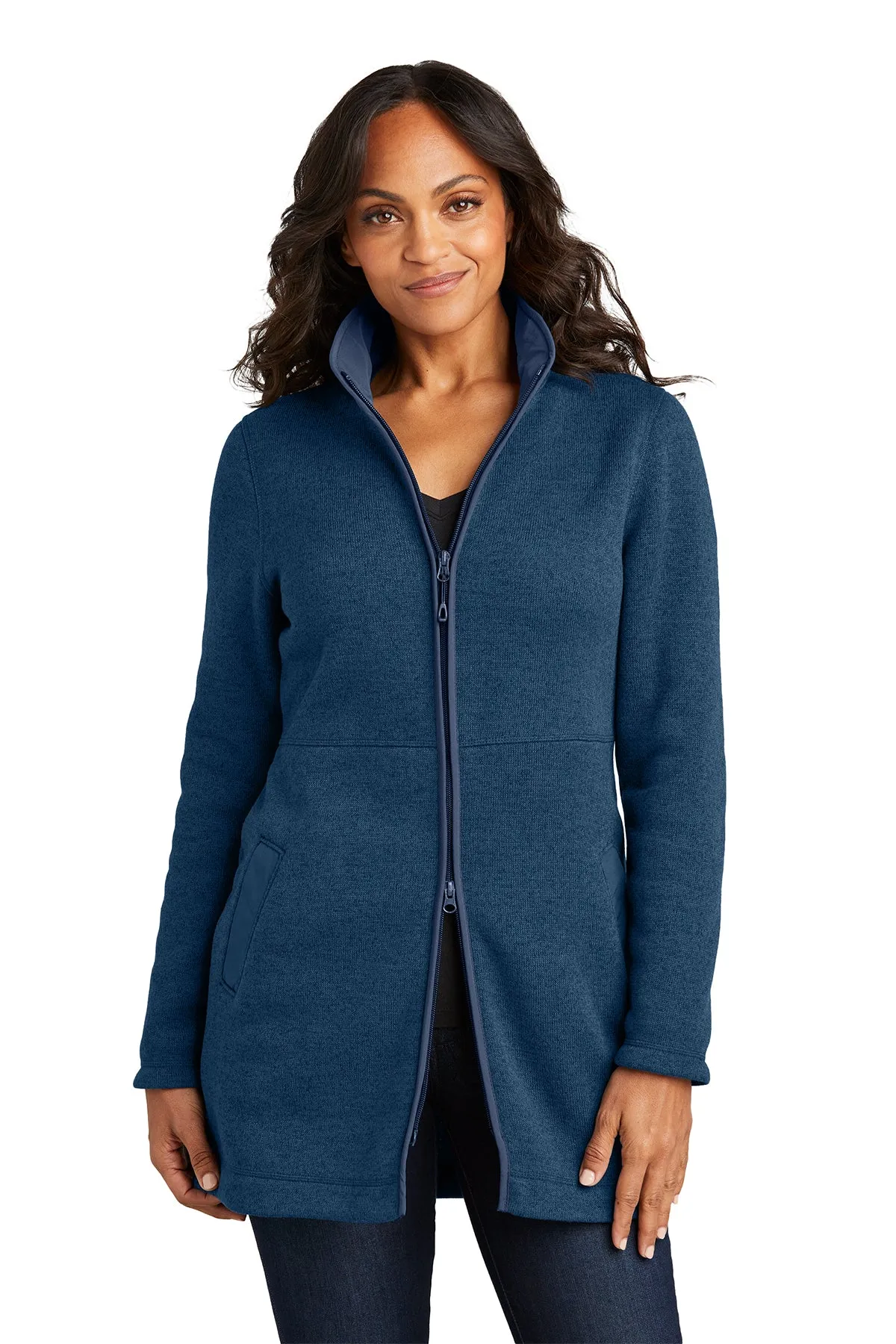 Port Authority Ladies Arc Sweater Fleece Long Custom Jackets, Insignia Blue Heather