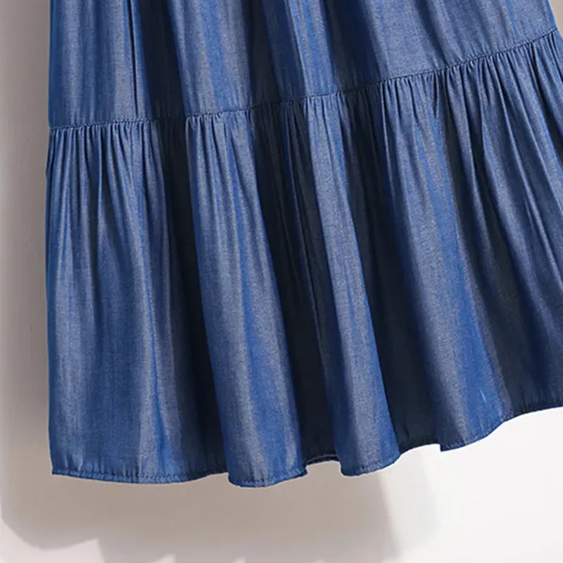 Pre Order:  Patchwork Denim Pleated A-Line Skirt