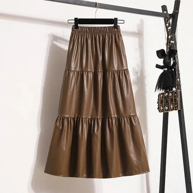 Pre Order:  Splicing Soft Leather Elastic Waist Pleated Skirt