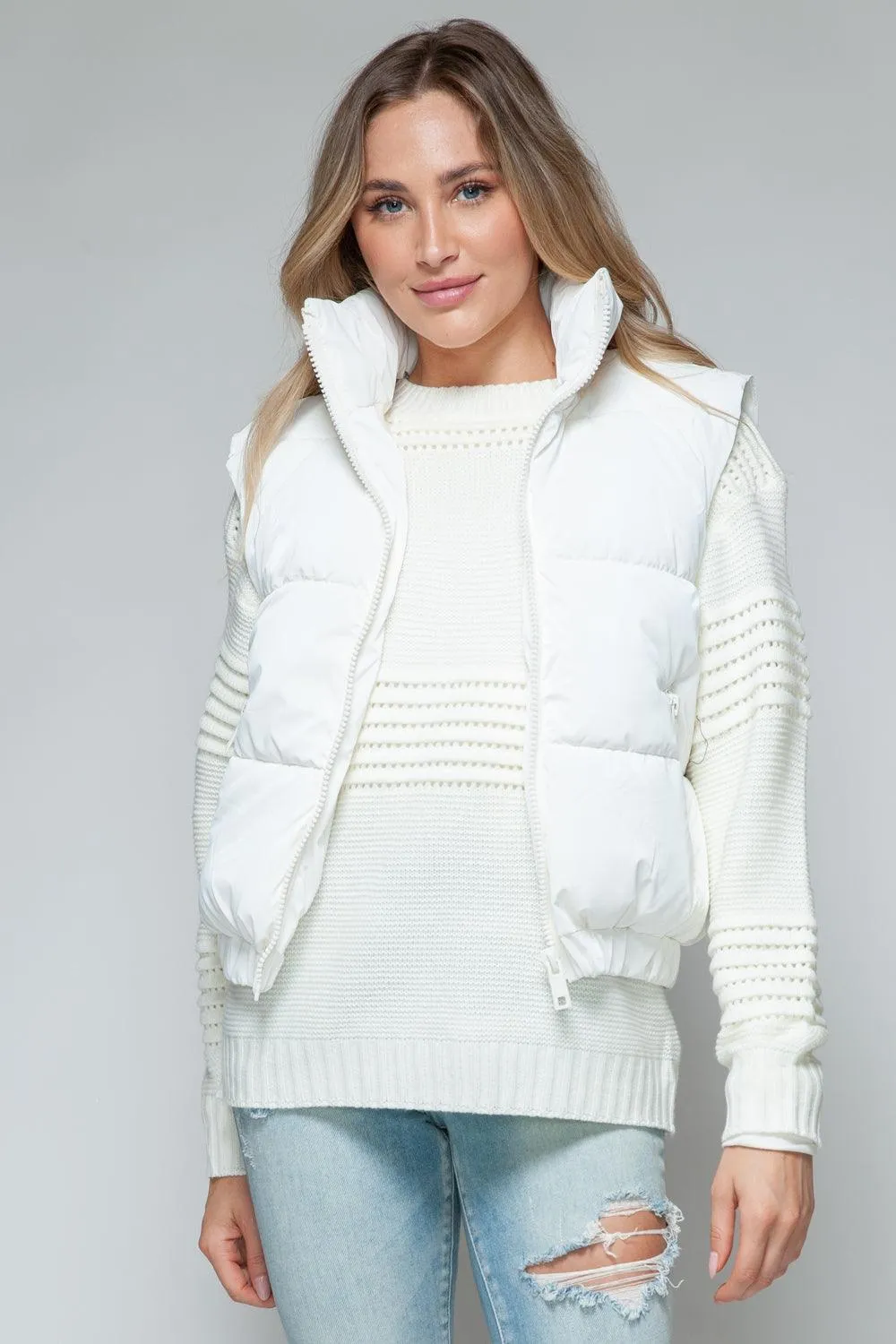 Quilted Vest Snobbish White Fine Fur Lining Pocketed Outwear