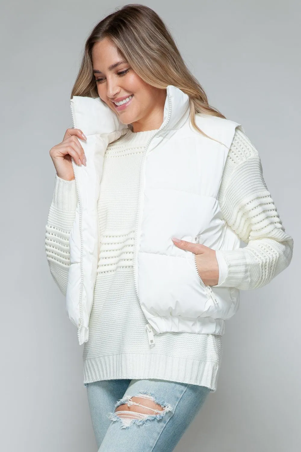 Quilted Vest Snobbish White Fine Fur Lining Pocketed Outwear