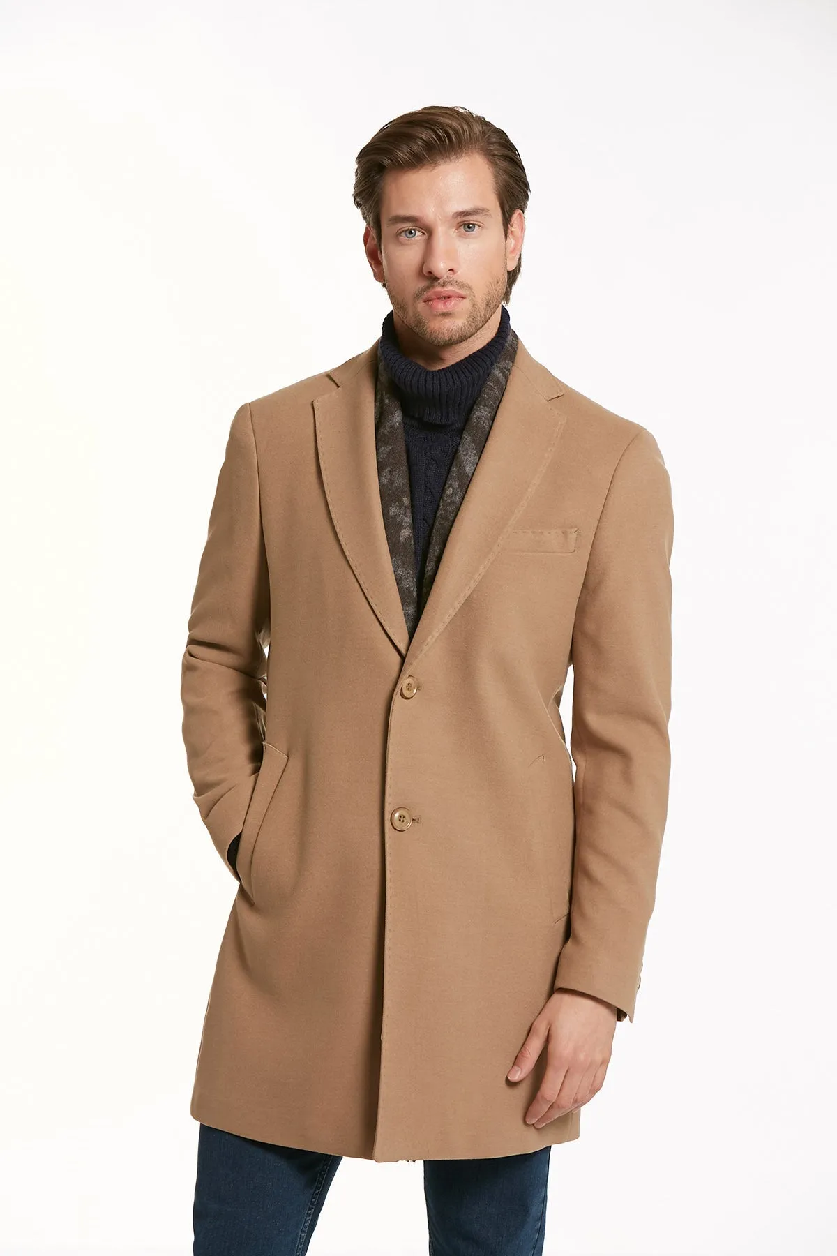 Regular Fit Notch Lapel Camel Overcoat