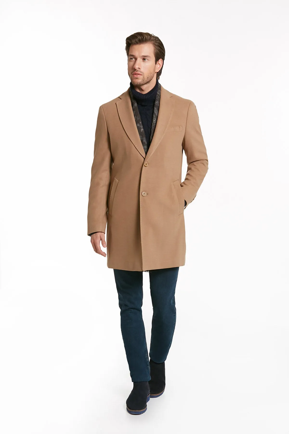 Regular Fit Notch Lapel Camel Overcoat