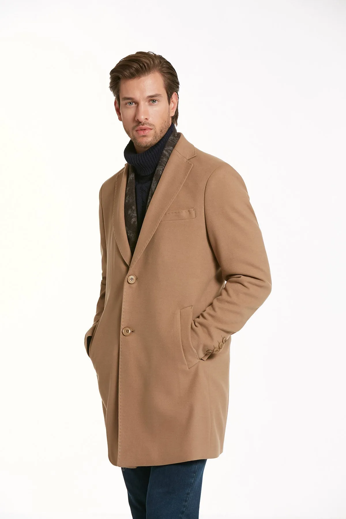 Regular Fit Notch Lapel Camel Overcoat