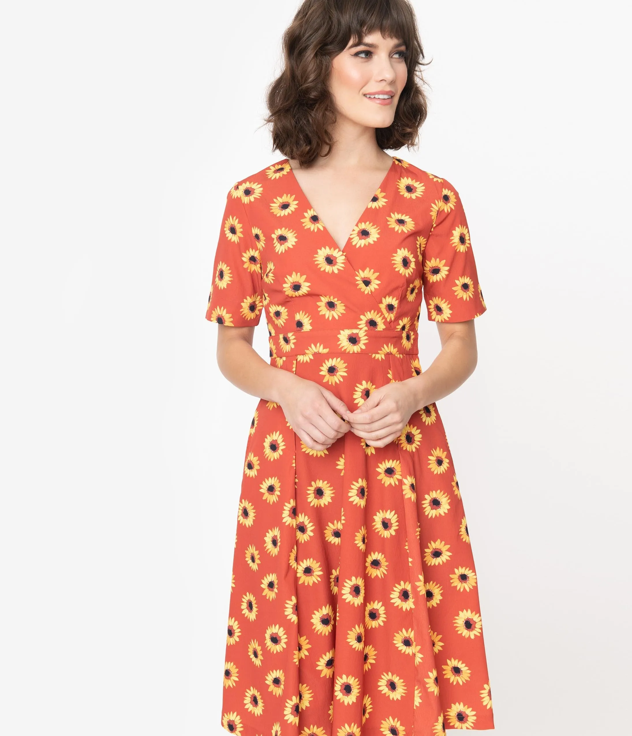 Rust & Yellow Sunflower Print Stephanie Swing Dress