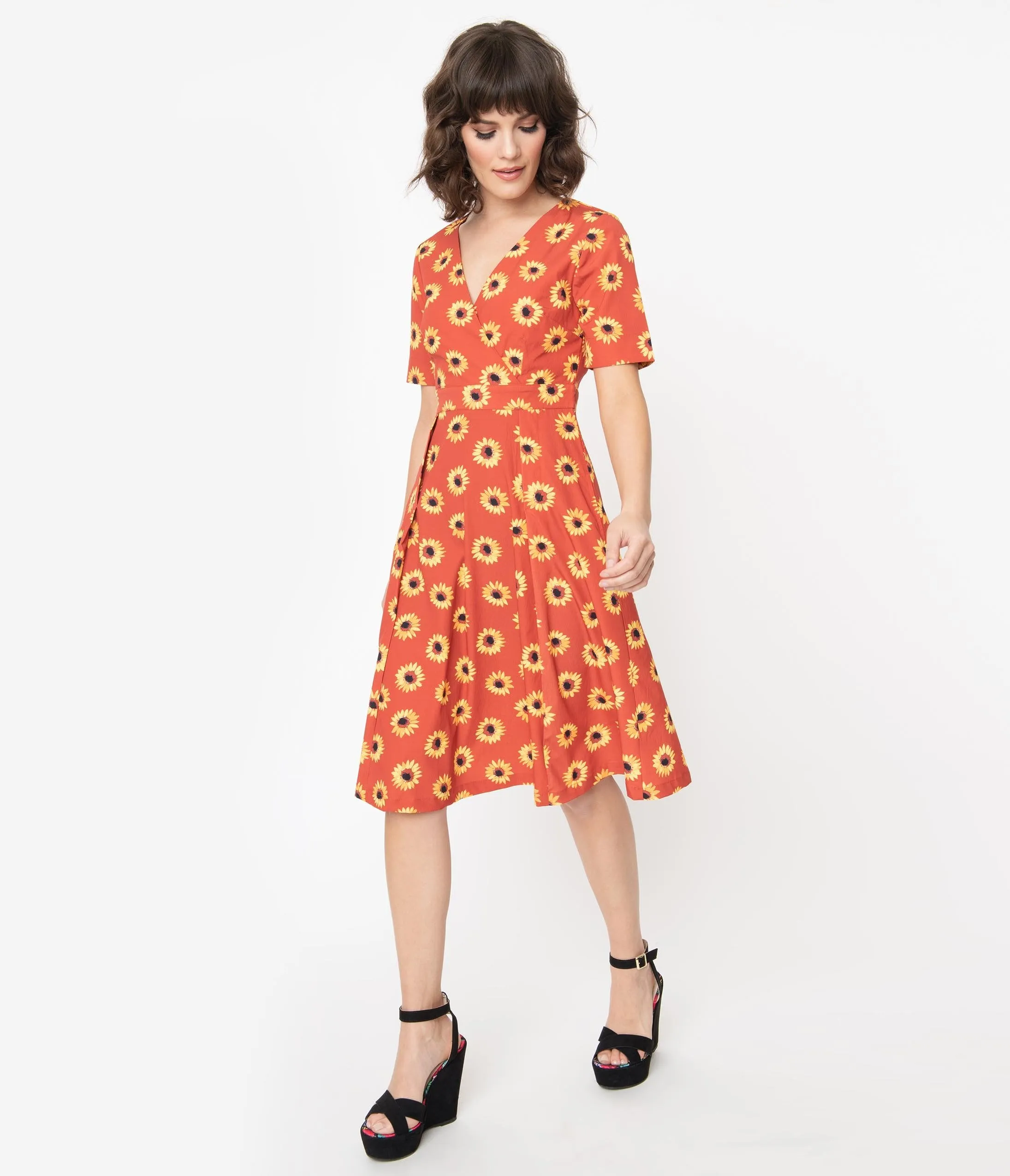 Rust & Yellow Sunflower Print Stephanie Swing Dress