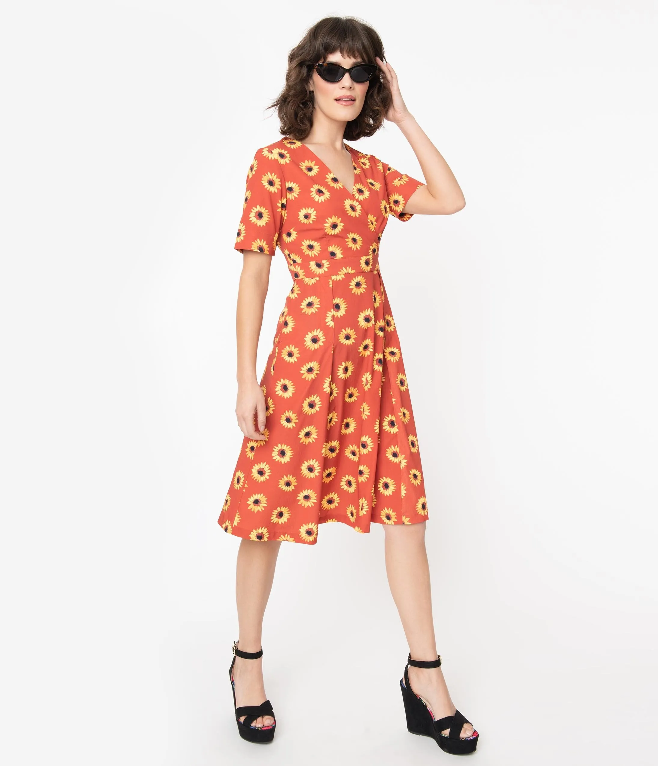 Rust & Yellow Sunflower Print Stephanie Swing Dress