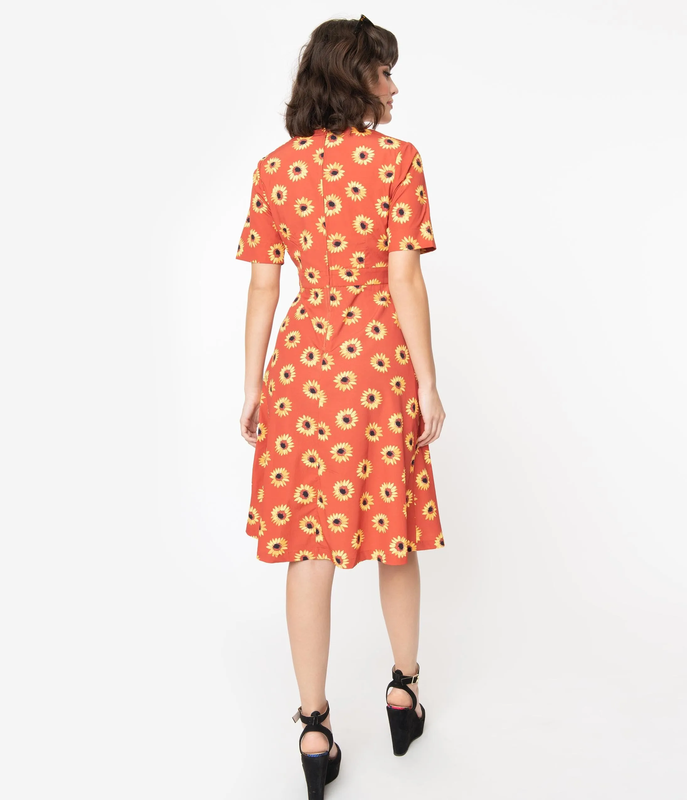 Rust & Yellow Sunflower Print Stephanie Swing Dress