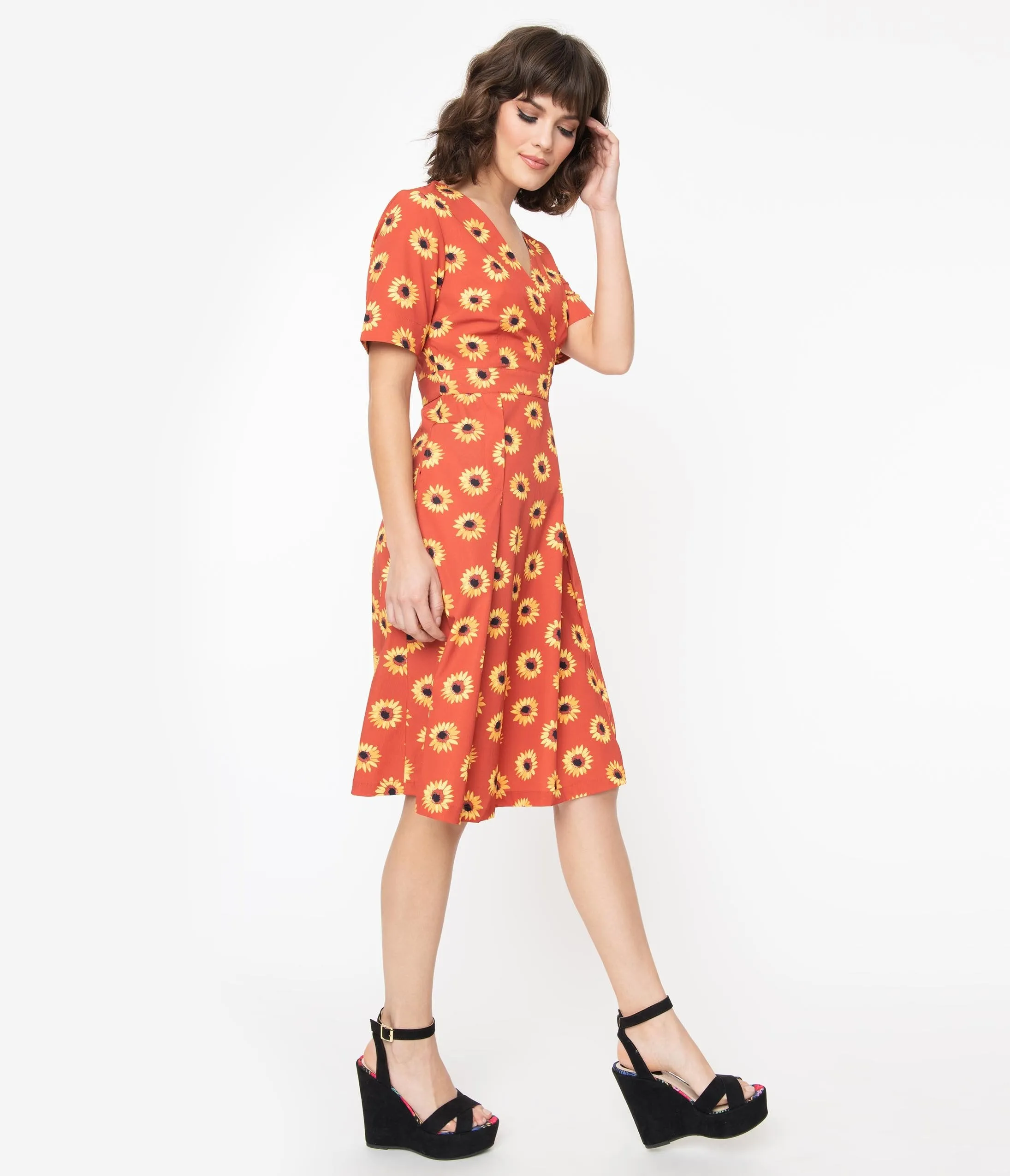 Rust & Yellow Sunflower Print Stephanie Swing Dress