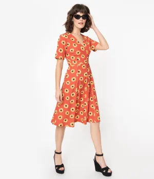 Rust & Yellow Sunflower Print Stephanie Swing Dress