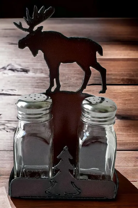 Rustic Moose Metal Salt and Pepper Shaker Holder