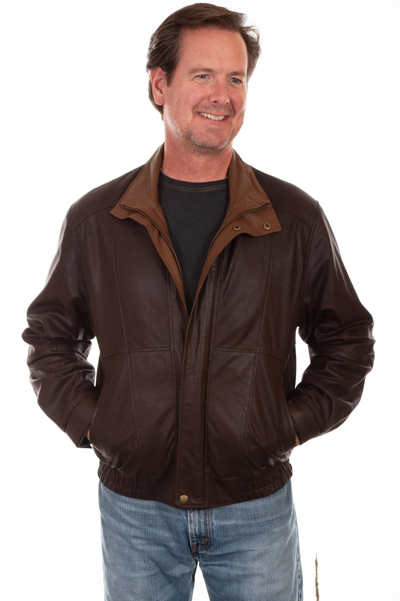 Scully Mens Chocolate/Cognac Leather Dbl Collar Jacket