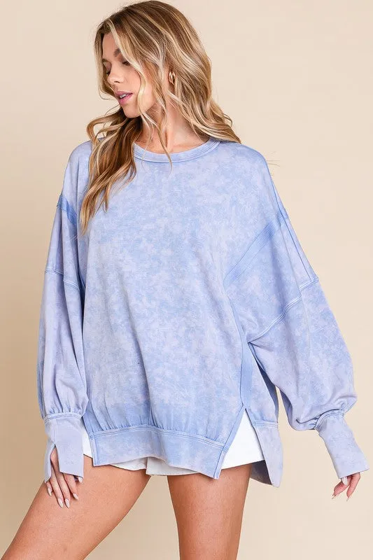 Sewn Seen Oversized Top with Slit Details in Blue