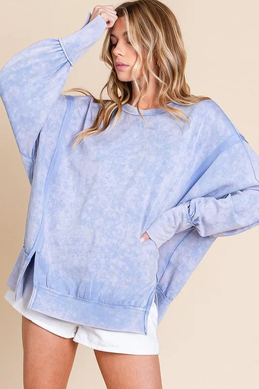 Sewn Seen Oversized Top with Slit Details in Blue