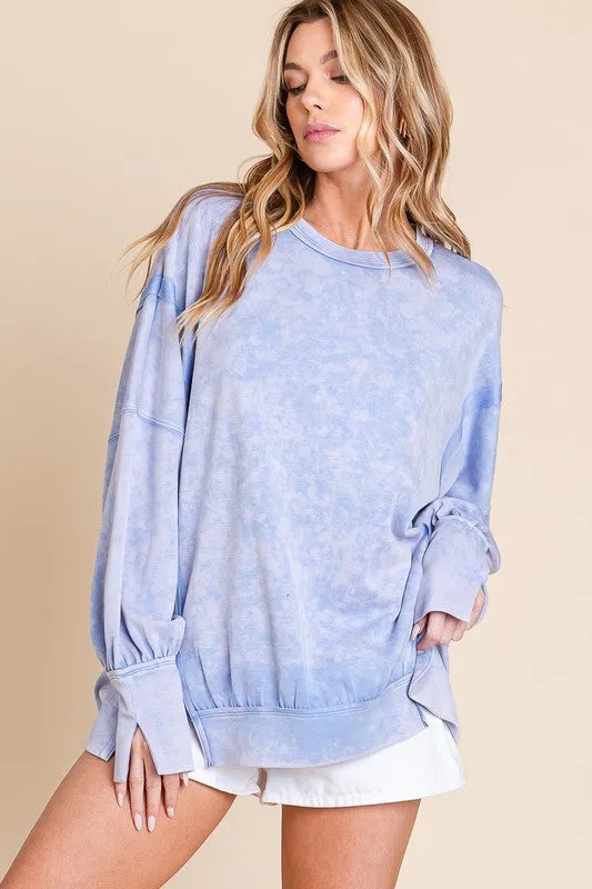 Sewn Seen Oversized Top with Slit Details in Blue