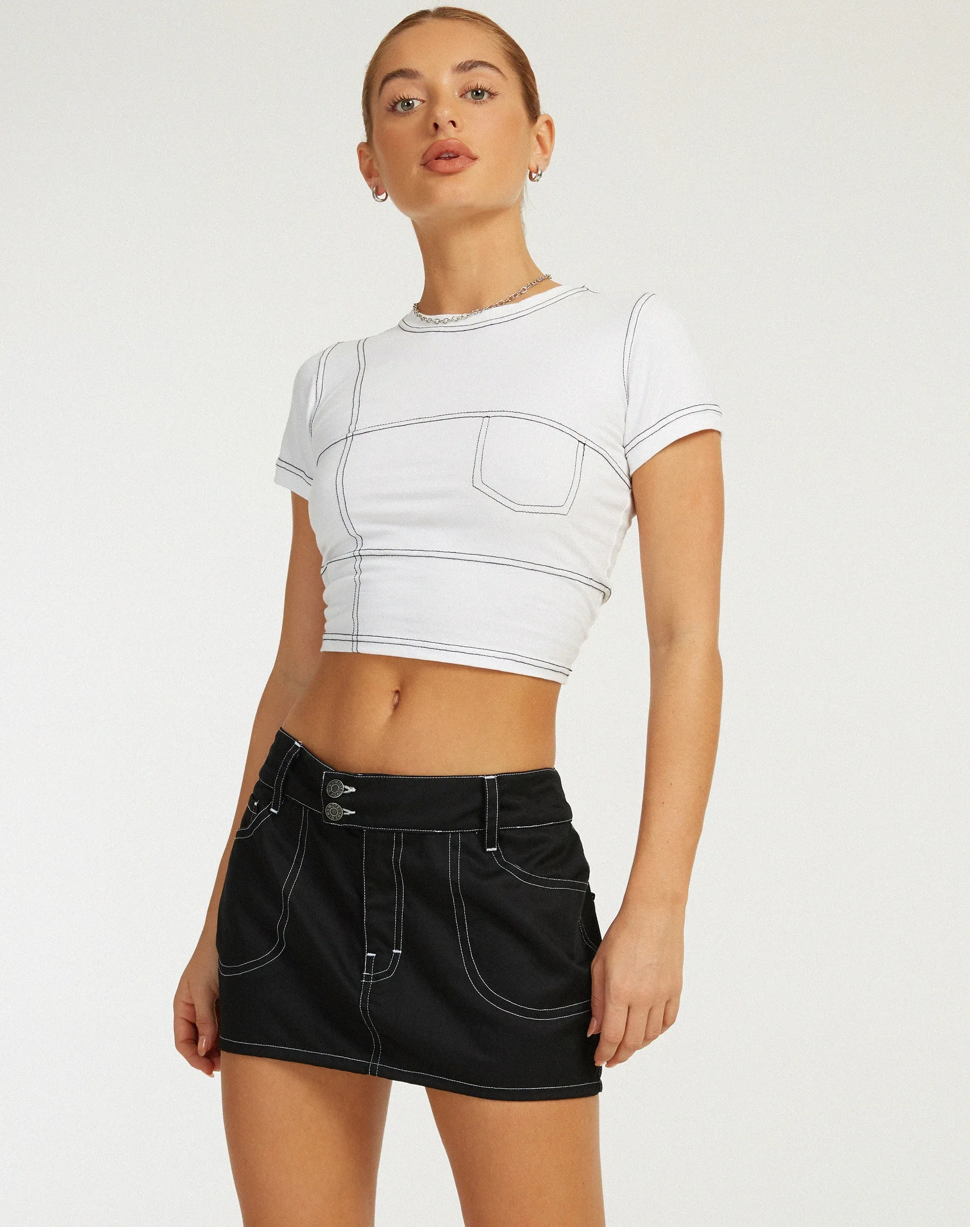 Shyla Cropped Tee in White with Black Stitch