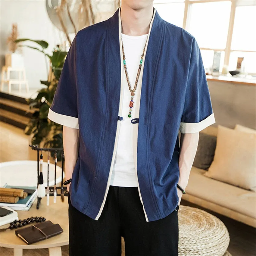 Summer Men's Linen Kimono Long Cardigan Outerwear Coats Fashion Streetwear Short Loose Male Jackets Casual Overcoat