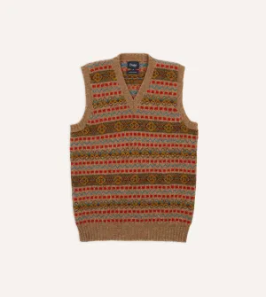 Tan Fair Isle Lambswool Sleeveless V-Neck Jumper