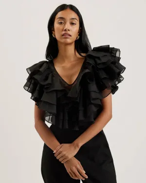 Ted Baker Calonda Oversized Ruffle V Neck Top | Black