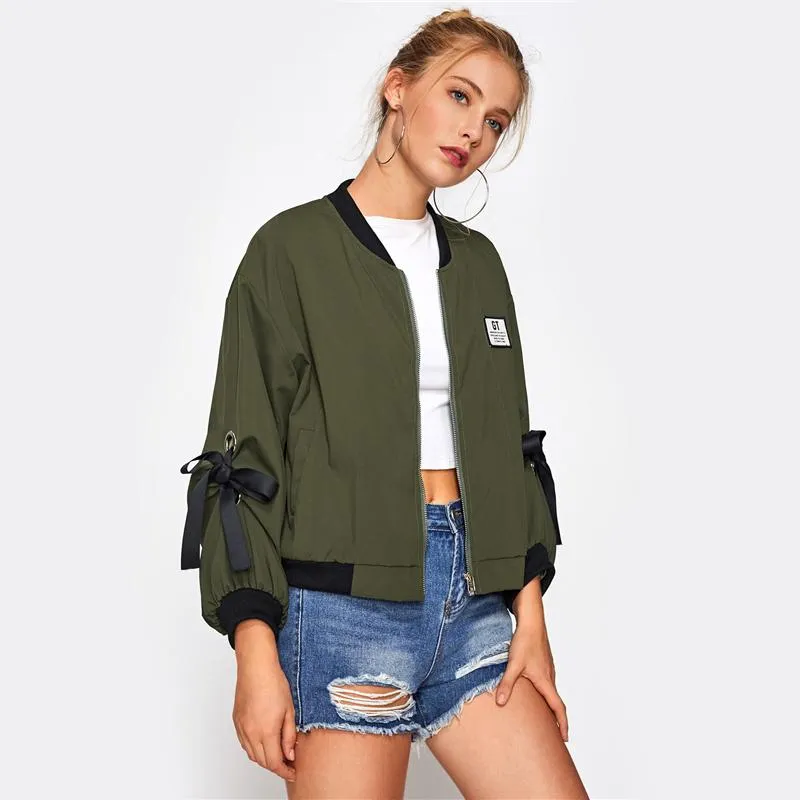 Trim Ribbon Tie Bomber Jacket