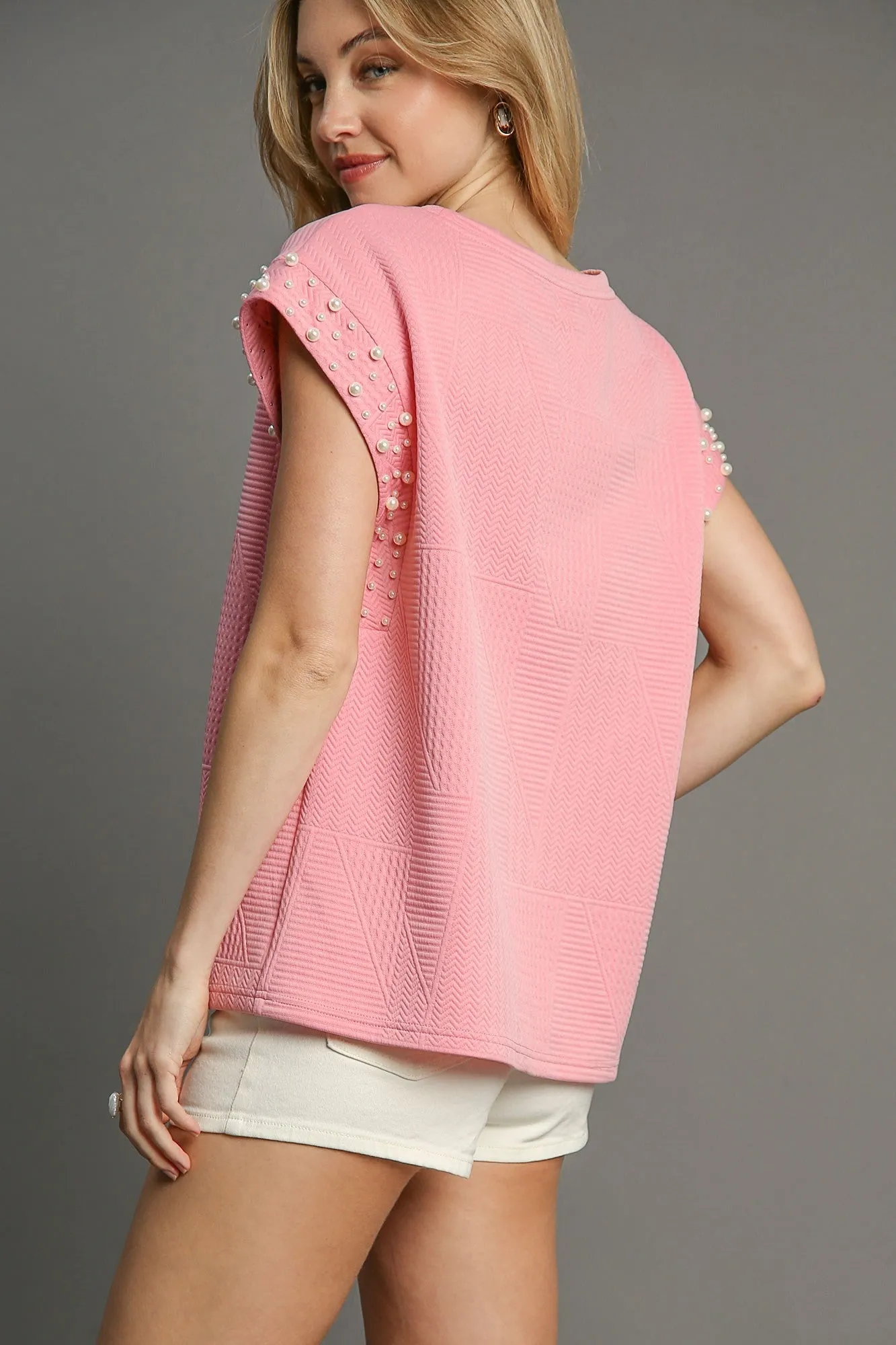 Umgee Boxy Cut Textured Top with Pearl Details in Pink