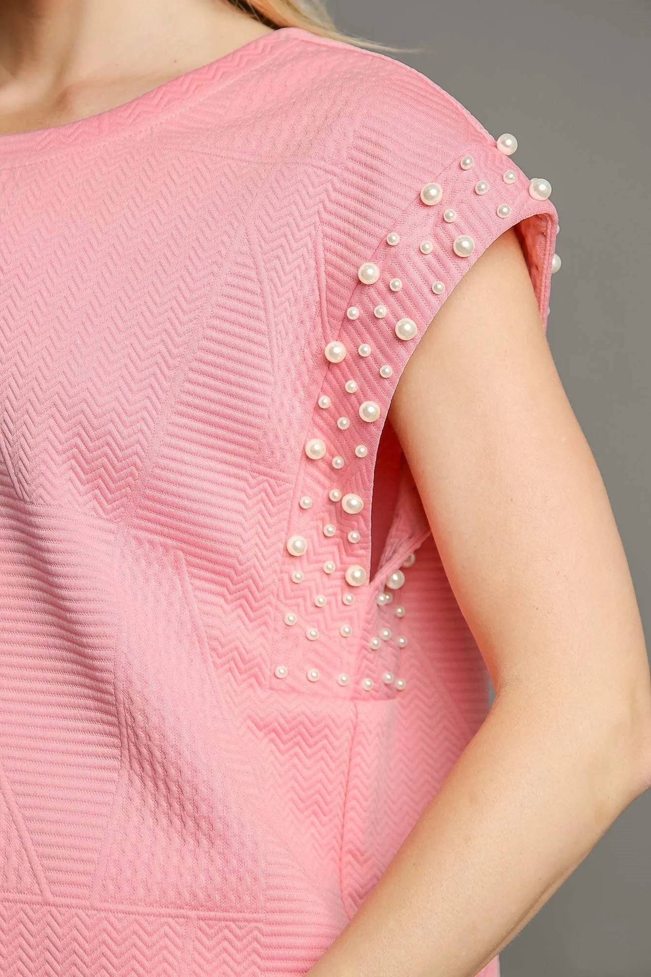 Umgee Boxy Cut Textured Top with Pearl Details in Pink