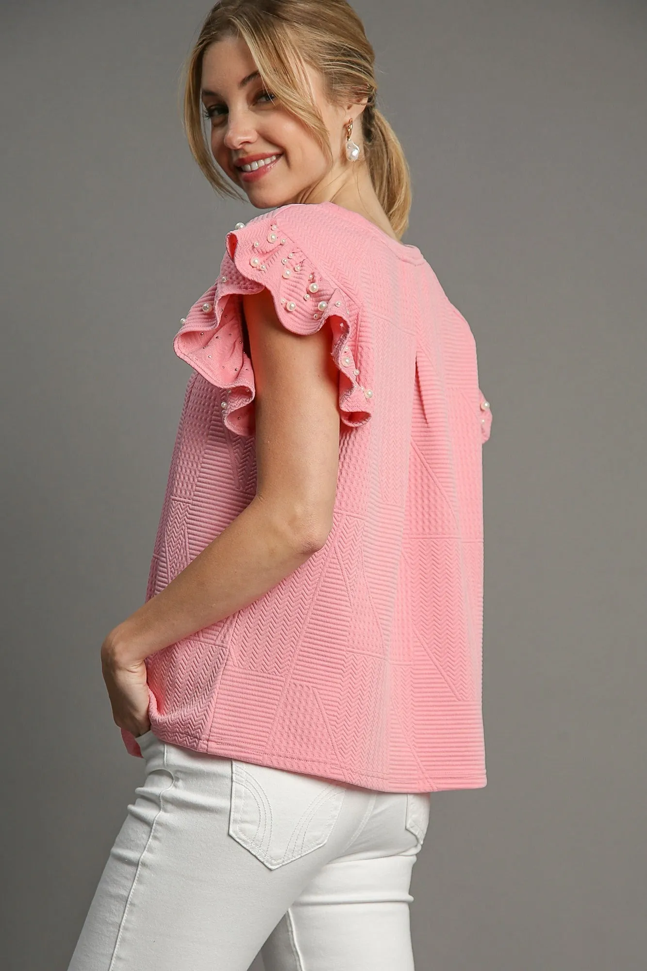 Umgee Boxy Cut Top with Pearl Details in Pink