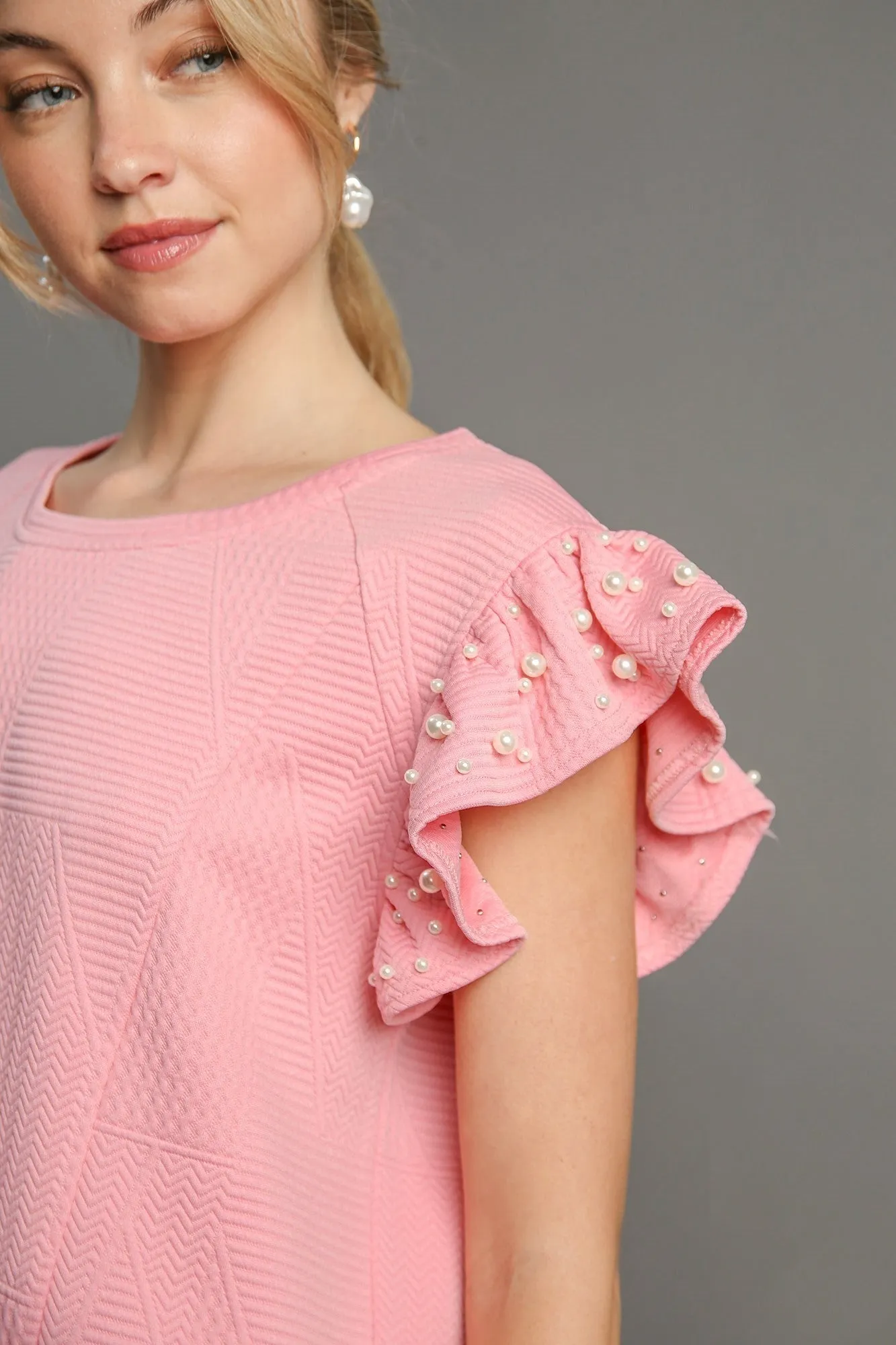 Umgee Boxy Cut Top with Pearl Details in Pink