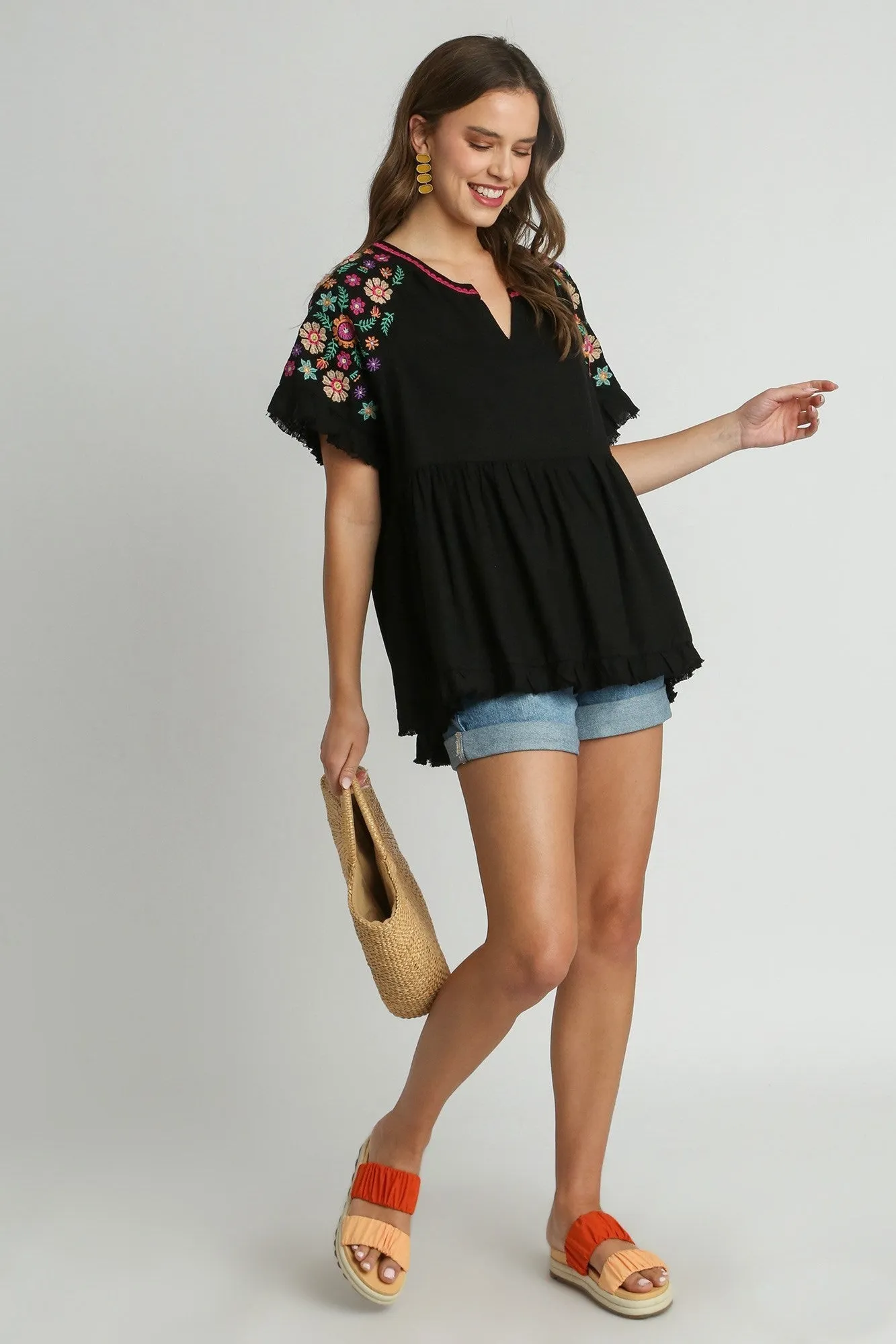 Umgee Linen Blend Babydoll Top with Embroidery Details in Black