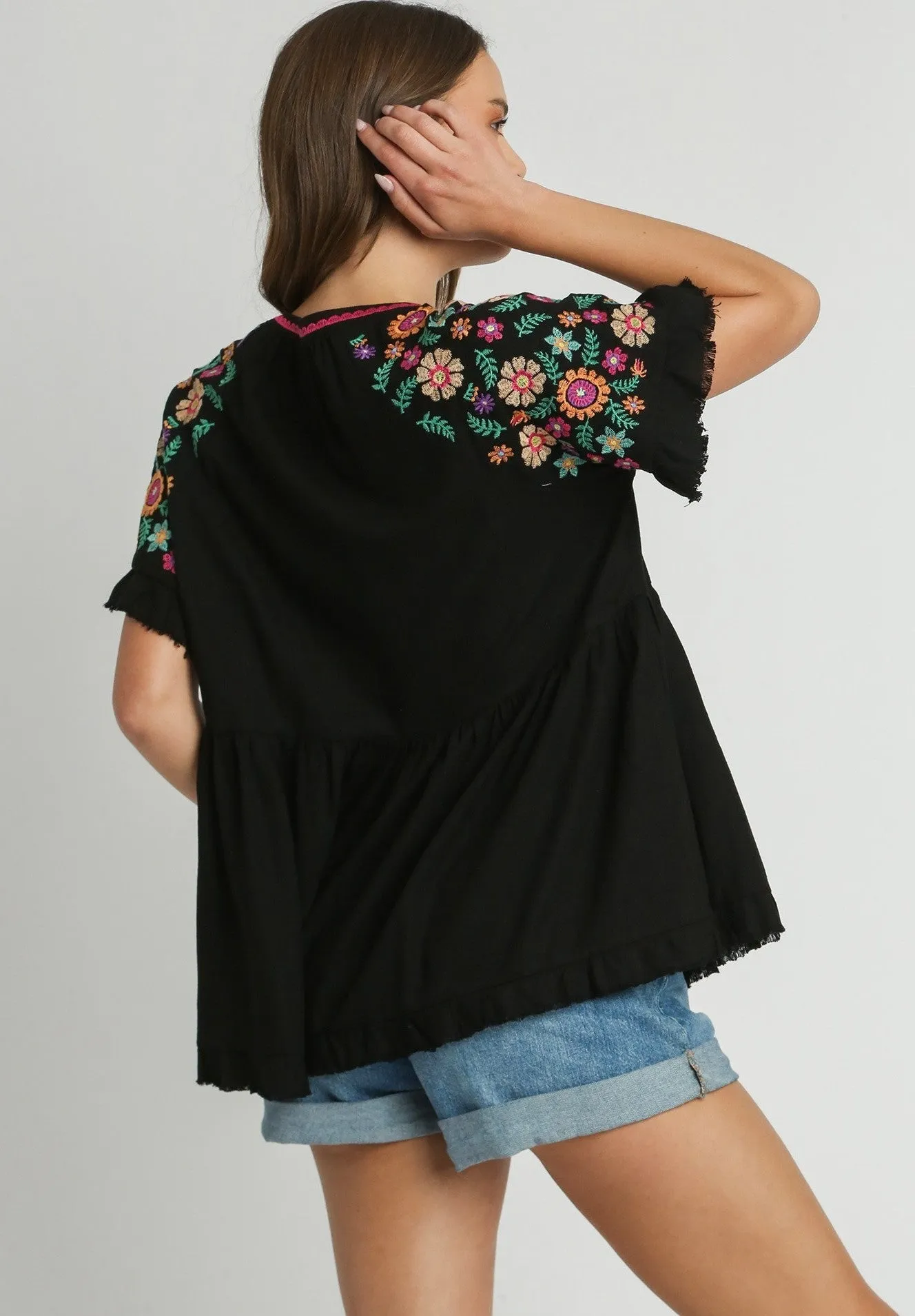 Umgee Linen Blend Babydoll Top with Embroidery Details in Black