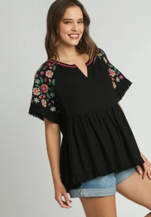 Umgee Linen Blend Babydoll Top with Embroidery Details in Black