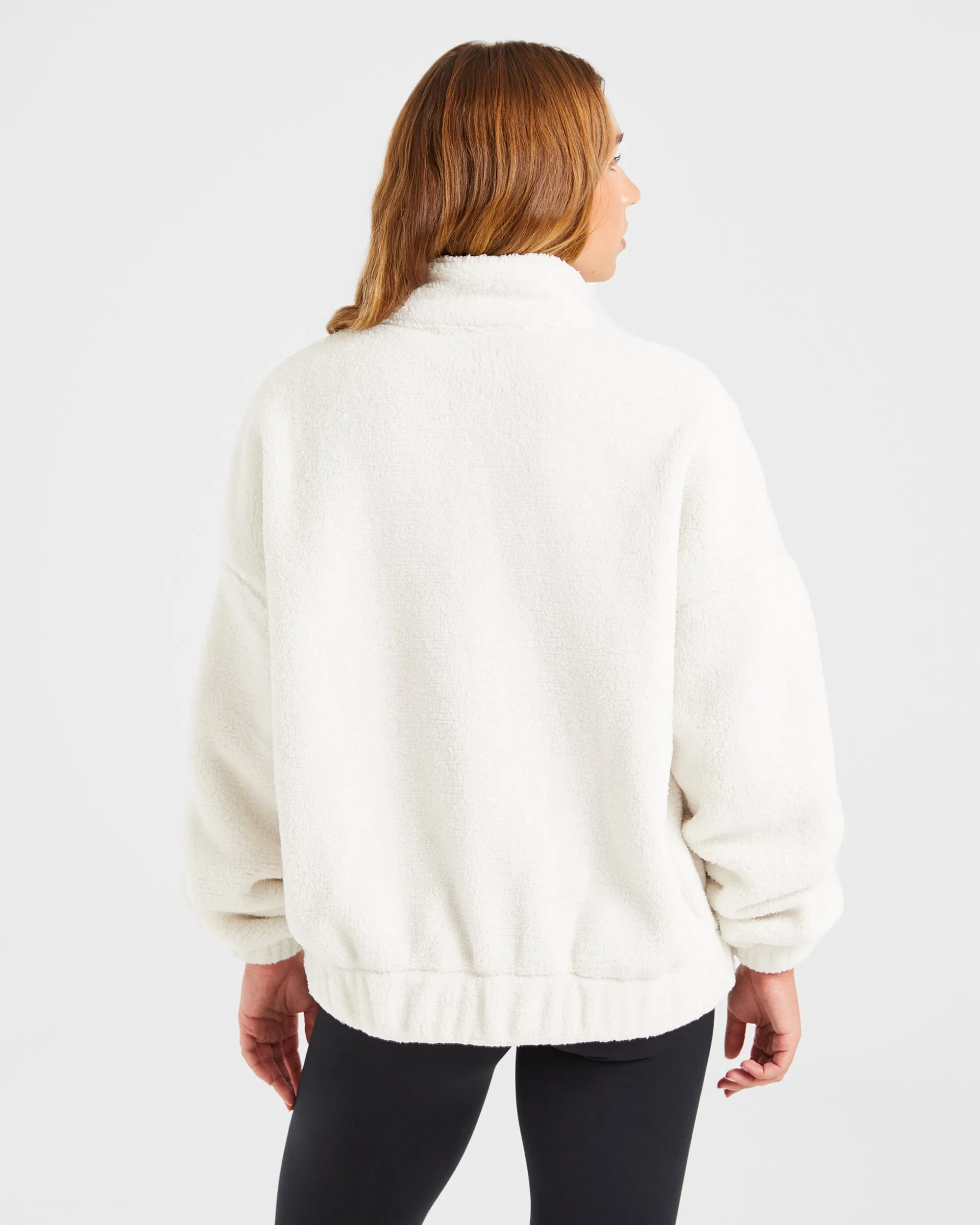 Varsity Oversized Fleece Zip Up Jacket - Cream