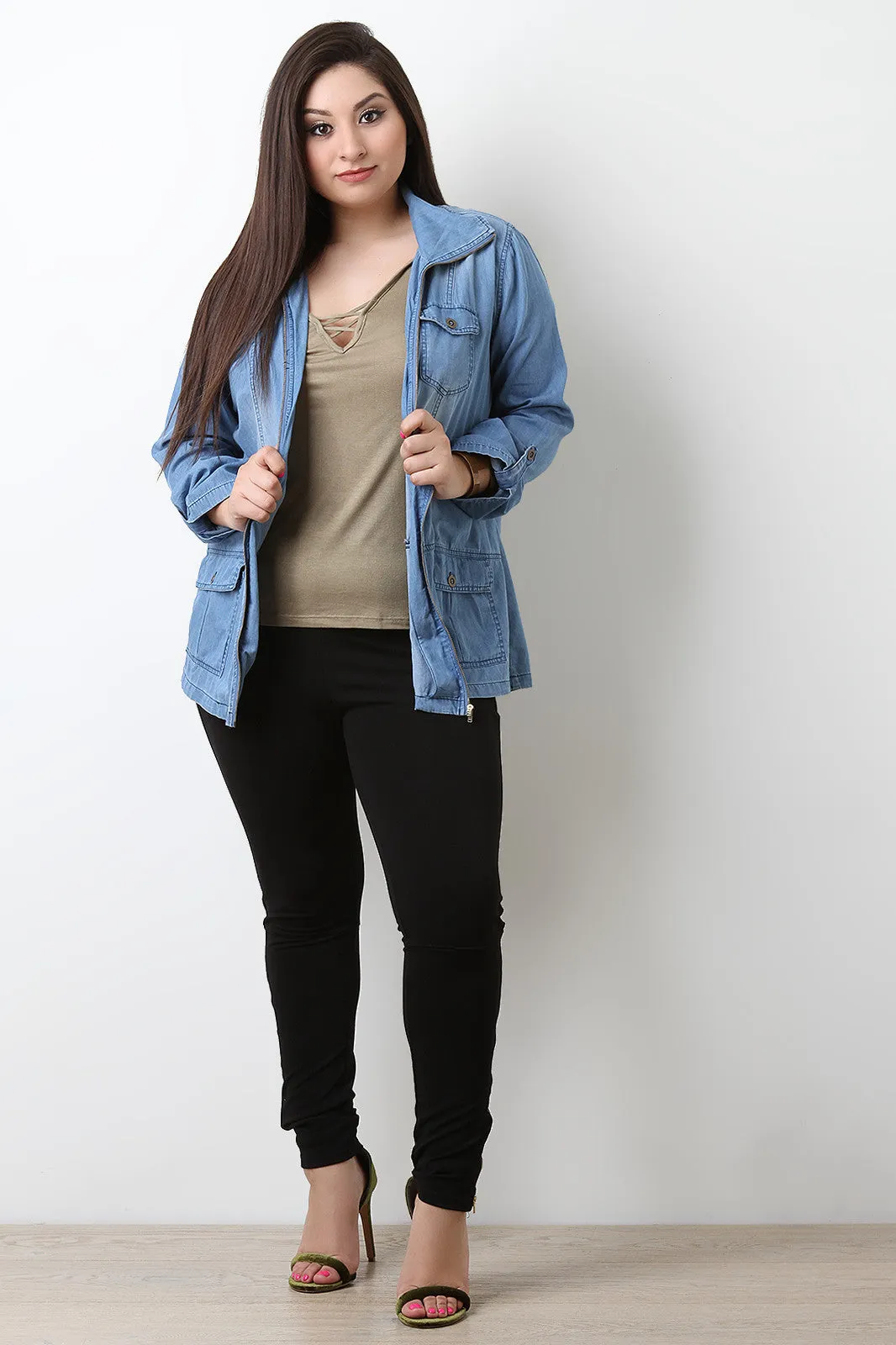 Washed Denim Zippered Front Jacket