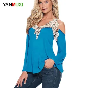 Women Blouse Shirt Top 2017 Solid Sexy Floral Lace Off Shoulder Blue Shirt Streetwear Long Sleeve Loose Plus Size 5xl Casual Top