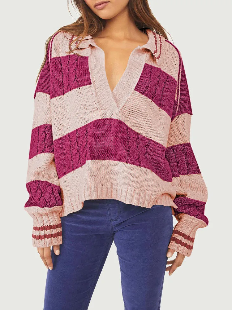 Women's Striped Oversized Pullover Sweaters Lapel Collar V Neck Long Sleeve Jumper Top