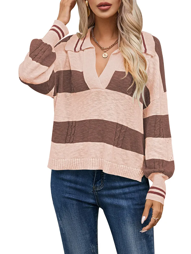 Women's Striped Oversized Pullover Sweaters Lapel Collar V Neck Long Sleeve Jumper Top