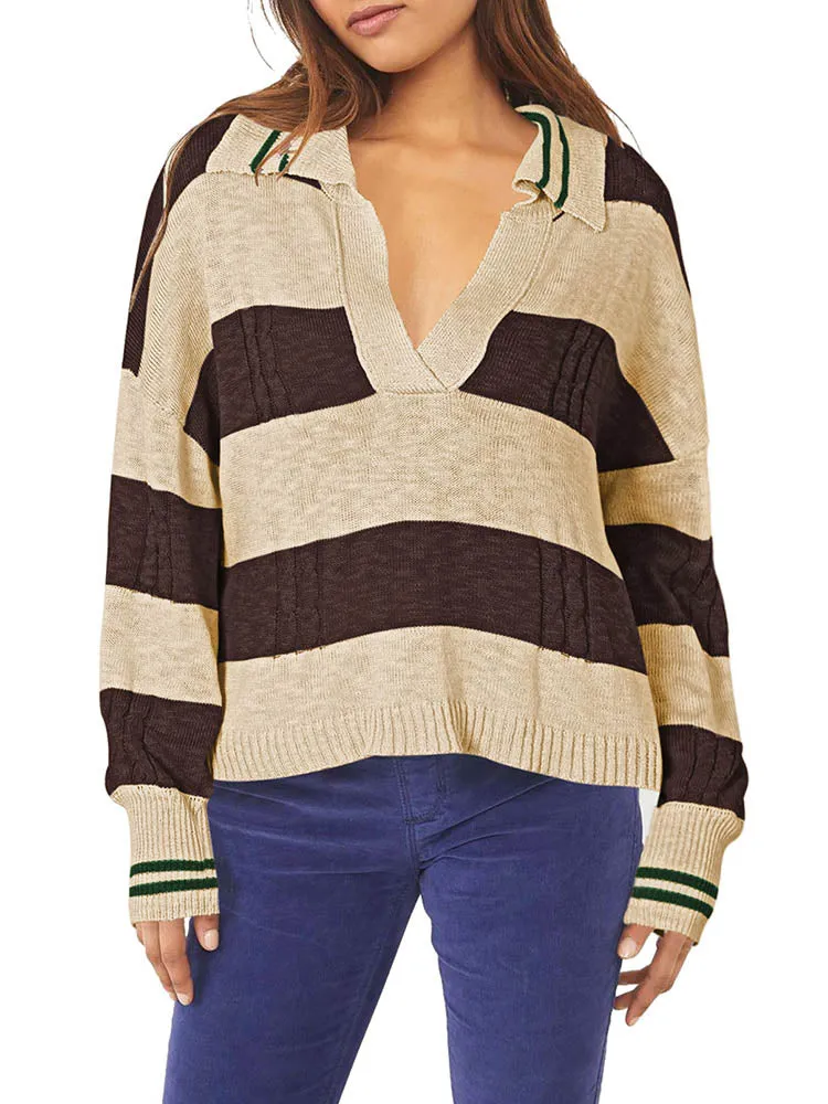 Women's Striped Oversized Pullover Sweaters Lapel Collar V Neck Long Sleeve Jumper Top