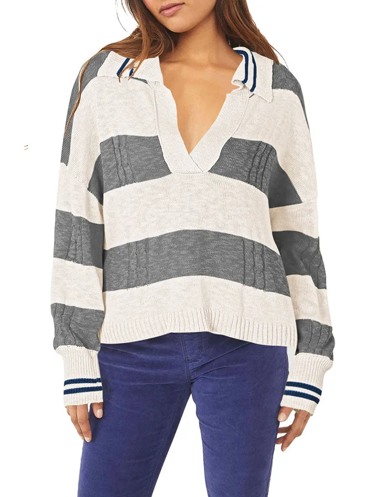 Women's Striped Oversized Pullover Sweaters Lapel Collar V Neck Long Sleeve Jumper Top