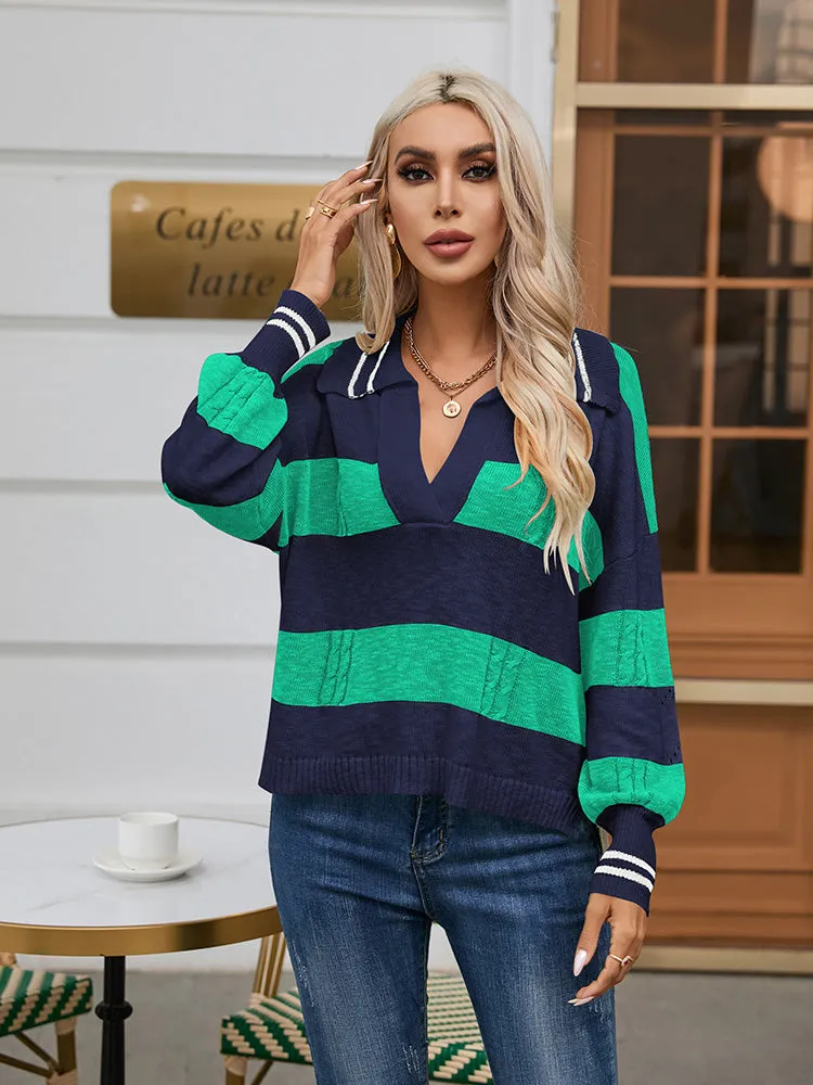 Women's Striped Oversized Pullover Sweaters Lapel Collar V Neck Long Sleeve Jumper Top