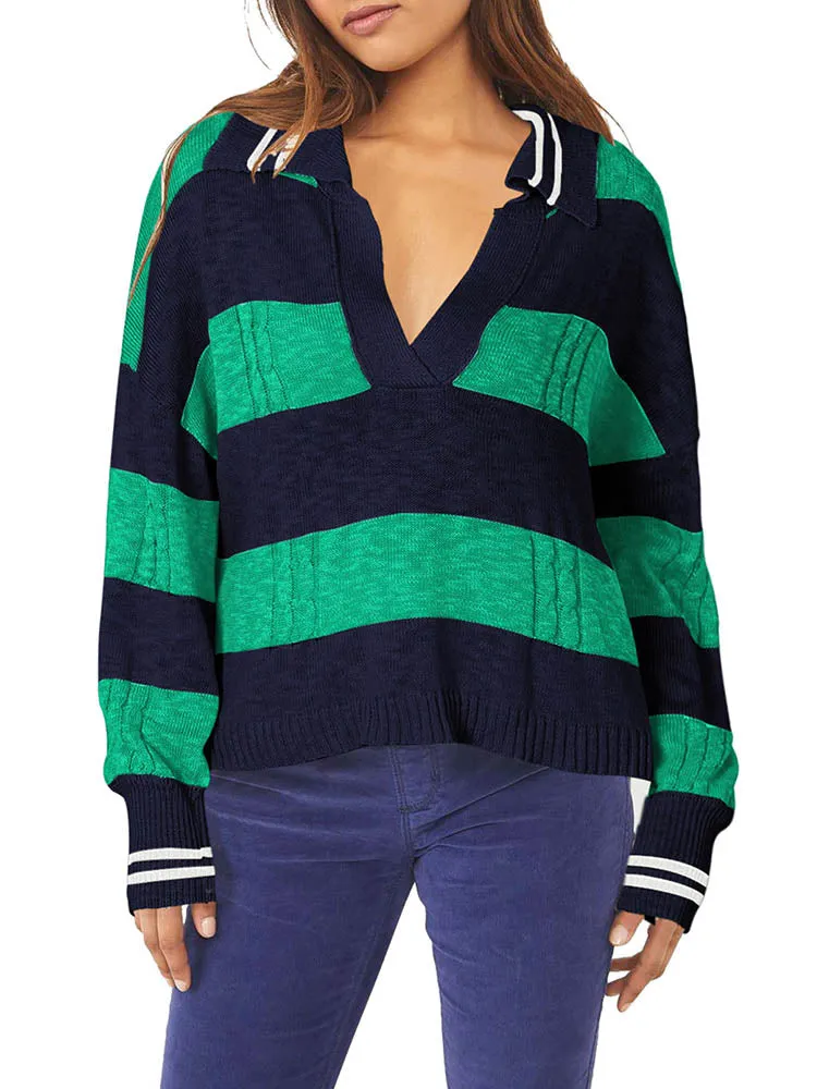 Women's Striped Oversized Pullover Sweaters Lapel Collar V Neck Long Sleeve Jumper Top