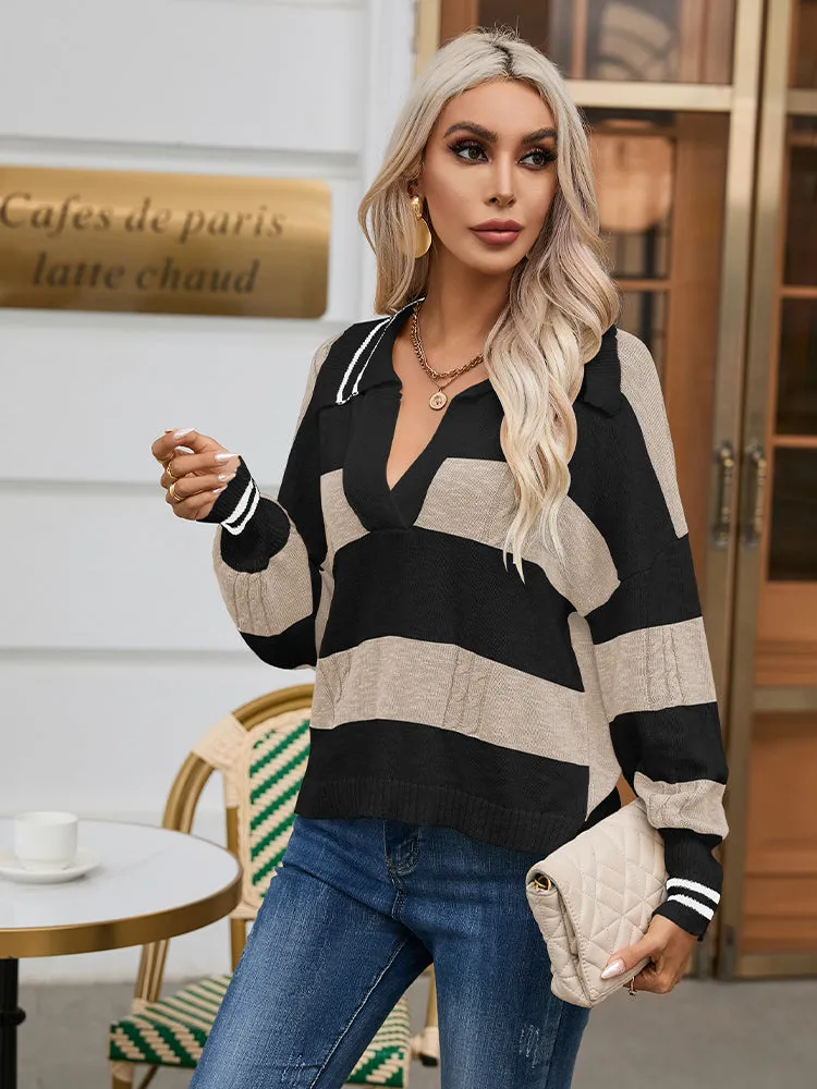 Women's Striped Oversized Pullover Sweaters Lapel Collar V Neck Long Sleeve Jumper Top