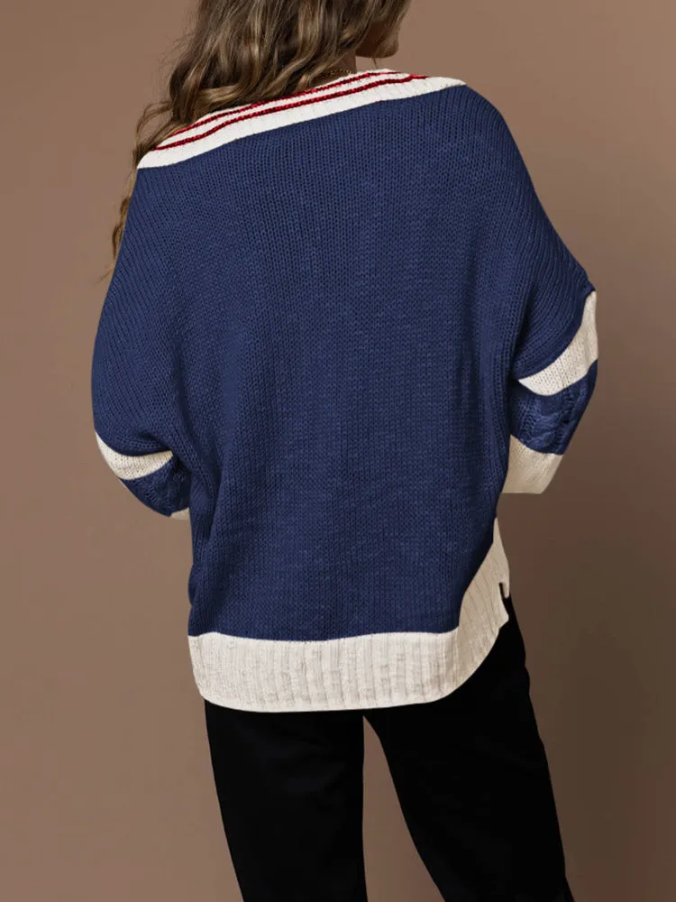 Women's Striped Oversized Pullover Sweaters Lapel Collar V Neck Long Sleeve Jumper Top