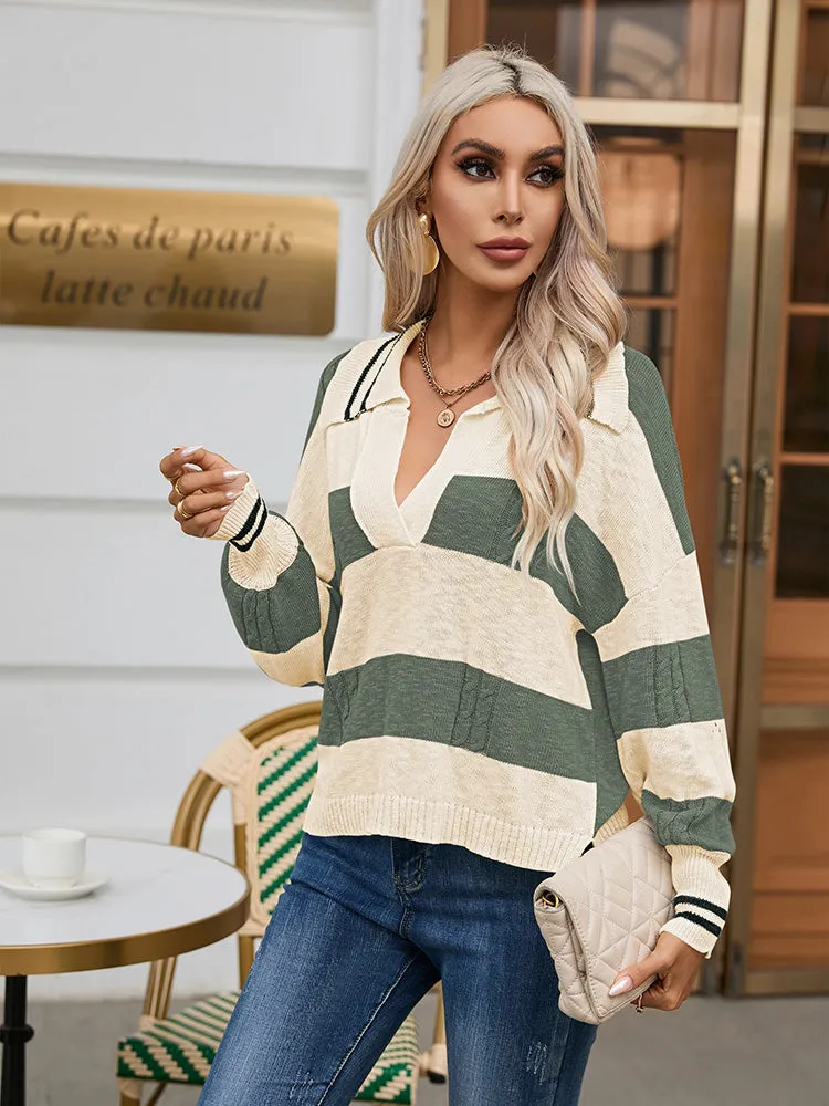 Women's Striped Oversized Pullover Sweaters Lapel Collar V Neck Long Sleeve Jumper Top