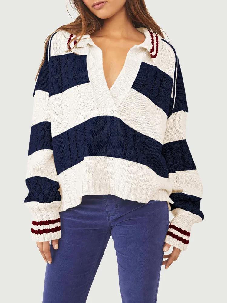 Women's Striped Oversized Pullover Sweaters Lapel Collar V Neck Long Sleeve Jumper Top